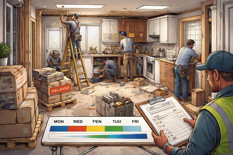 Illustration of a small construction jobsite schedule reality: a compact residential or small commercial interior with multiple trades working in tight space, limited staging area, inspection clipboard/checkpoint, delivery pallets delayed, visual timeline showing a one-day task stretching into a week; clean editorial style, realistic lighting, no text.