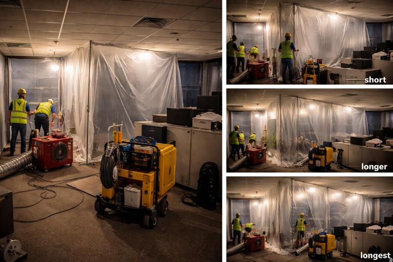 Realistic scene of an occupied office renovation: workers building dust containment walls, negative air machine, plastic sheeting, evening work lighting, daily cleanup cart; a visual comparison of schedule length increasing; documentary style, no text.