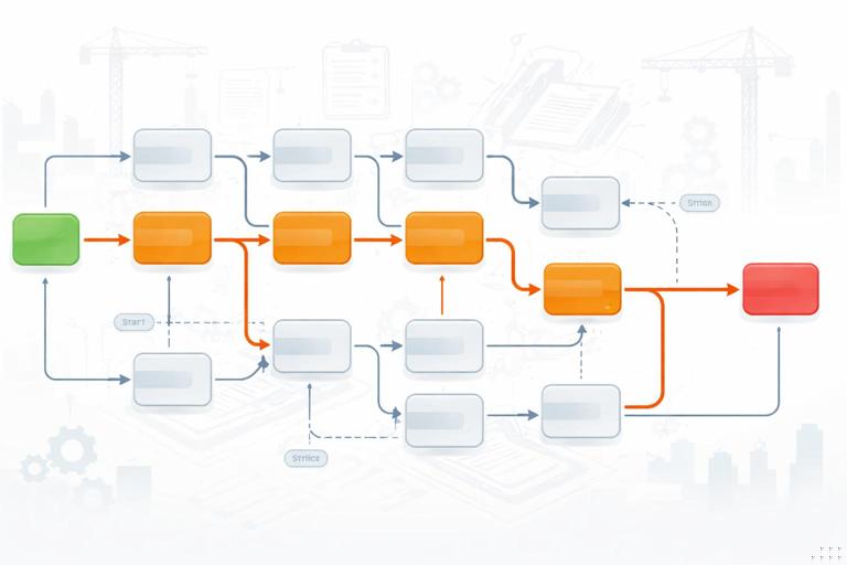 Illustration of a project schedule network diagram with many parallel activity nodes and arrows, one highlighted longest chain labeled Critical Path, other branches faded showing float, clean modern infographic style, high contrast, construction project context, no text