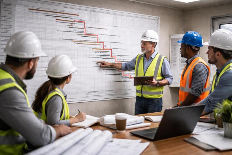 Realistic construction site control meeting scene: superintendent and project team reviewing a wall-sized schedule with critical path highlighted, discussion about drywall start, elevator delivery, commissioning, professional documentary photo style, indoor trailer or site office, no readable text