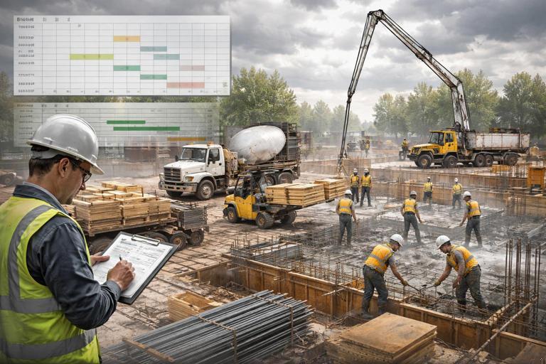 Illustration of an active construction site under changing conditions: cloudy weather, materials being delivered, an inspector with clipboard, and multiple trade crews coordinating; include subtle overlay elements like a calendar and schedule timeline; realistic, professional editorial style, no text.