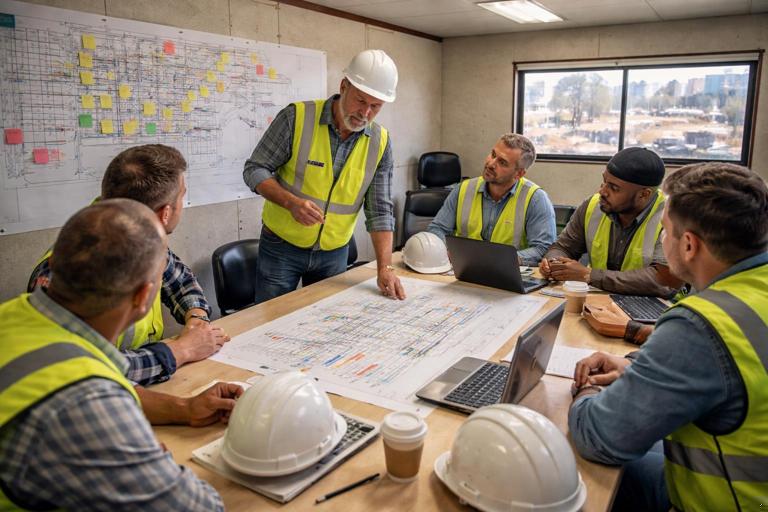 Construction scheduling buildability review meeting in a jobsite trailer: superintendent and subcontractor leads around a table with printed Gantt chart, laptops, hard hats on the table, sticky notes on a wall plan, daylight through window showing site; realistic, professional documentary style, no text.