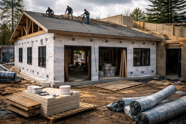 Small commercial construction site with partially completed building: roof work underway, window openings being filled, weather protection materials visible; interior finishes staged inside; emphasize the concept of achieving weather-tight dry-in; realistic, cinematic documentary photo style, no text.