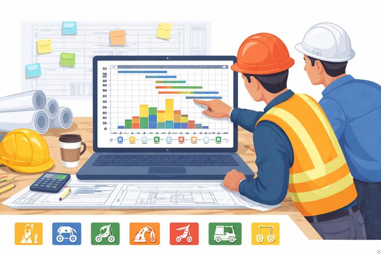 Illustration of a construction planning desk with a Gantt chart and resource histogram on a laptop, color-coded trade crews and equipment icons, foreman and superintendent reviewing conflicts, sticky notes for sequencing changes, clean modern flat style, high clarity, no text in image.