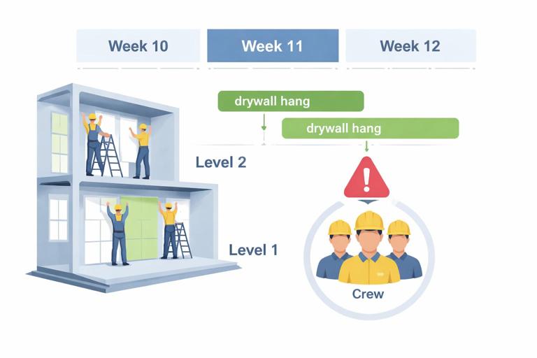Construction project scenario with two building floors labeled Level 1 and Level 2, a timeline showing Week 10 to Week 12, drywall hang bars overlapping in Week 11, a single crew icon causing a red conflict marker, clean infographic style, no text in image.