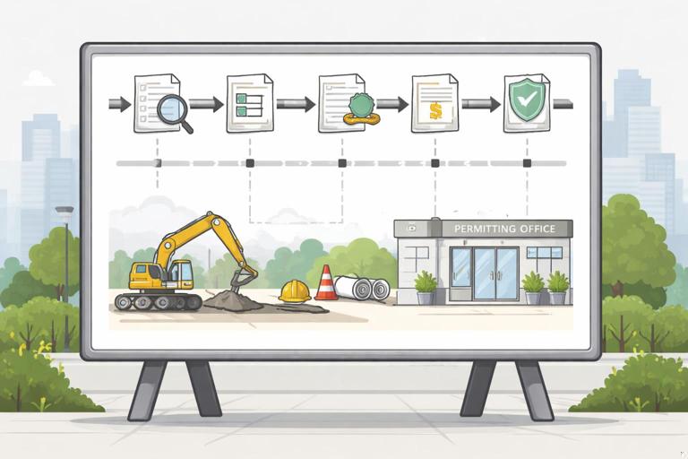 Illustration of a construction project schedule board showing permit-related milestones as gates before field work begins, with a city permitting office in the background, clean infographic style, no text, neutral colors, modern flat design.