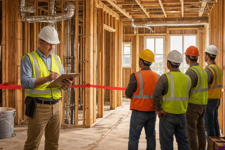 Construction site scene showing an inspector reviewing framing and MEP rough-in with a clipboard while crews wait at a hold point, concept of scheduled inspection gate, realistic illustration, no text, natural lighting.
