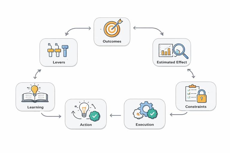 Illustration of a business as a causal system: a loop diagram with nodes labeled Outcome, Levers, Estimated Effect, Constraints, Action, Execution, Learning, connected by arrows; clean corporate style, flat vector, muted colors, white background, no text in the image.