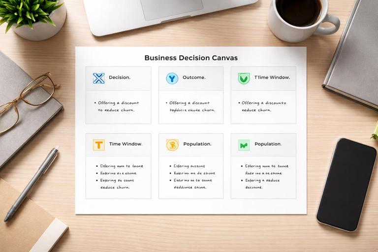 Business decision canvas example on a desk: a single-page worksheet with labeled fields X decision, Y outcome, T time window, P population, filled with a discount-to-reduce-churn example; modern office setting, clean minimal design, flat lay, soft lighting, no readable text.