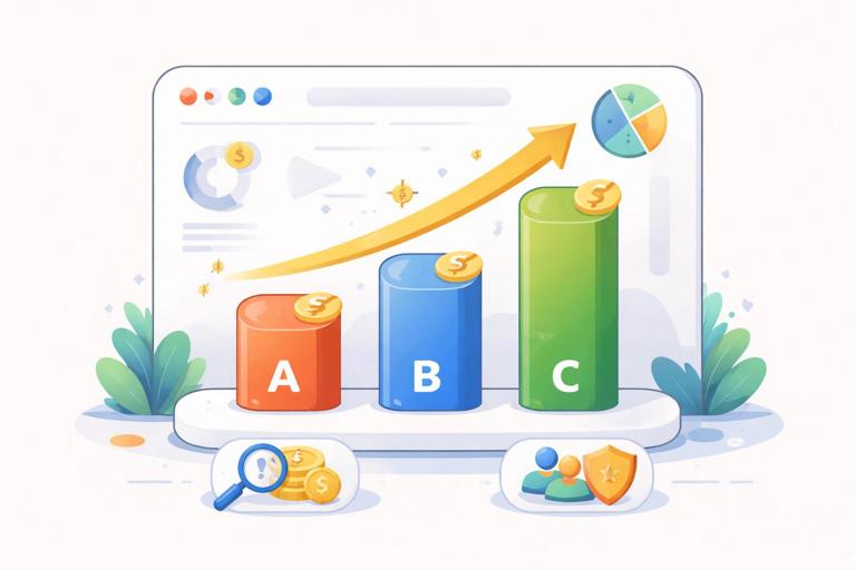 Illustration of marketing budget allocation as causal decision: a dashboard-like scene with three channels A, B, C shown as bars, an arrow indicating incremental lift and profit per dollar, with constraints icons for CAC and brand share; modern flat vector style, minimal, no text.