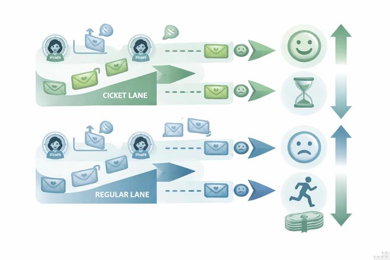 Support ticket triage causal trade-off illustration: two queues fast lane and regular lane with flowing tickets, arrows showing effects on wait time, satisfaction, churn, and cost; clean vector infographic style, muted colors, no text.