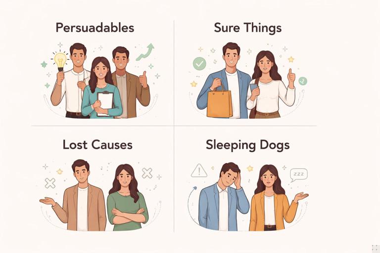 Illustration of customer segments for uplift modeling: four groups arranged in a 2x2 grid labeled persuadables, sure things, lost causes, sleeping dogs; minimal modern business analytics style; clean typography; muted colors; no brand logos; 16:9.