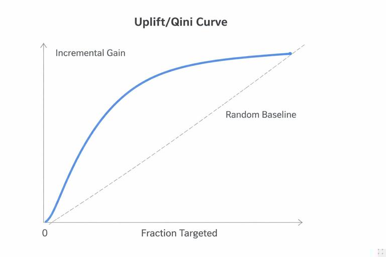 Clean infographic of an uplift/Qini curve: x-axis fraction targeted, y-axis incremental gain, one steep curve vs a diagonal random baseline; modern analytics style, light background, clear labels, no brand marks, 16:9.
