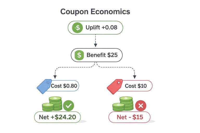 Business analytics illustration showing coupon economics: a simple diagram with uplift +0.08, benefit $25, cost scenarios ($0.80 vs $10), resulting net value positive vs negative; clean vector style, minimalistic, 16:9.