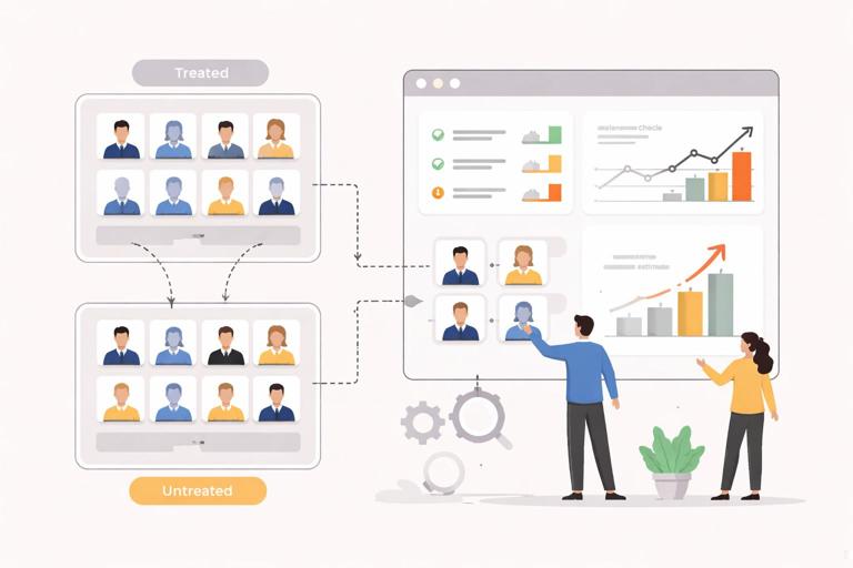 Illustration of a business analytics workflow showing two groups (treated vs untreated) being matched into comparable pairs, with a dashboard displaying balance checks and causal effect estimate; clean modern flat design, neutral colors, no text.