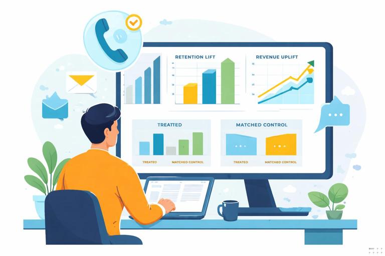 Business case illustration of a customer success retention outreach evaluation: analyst viewing a dashboard with retention lift and revenue uplift, with a simple treated vs matched control comparison and a phone outreach motif; modern flat vector, no text.