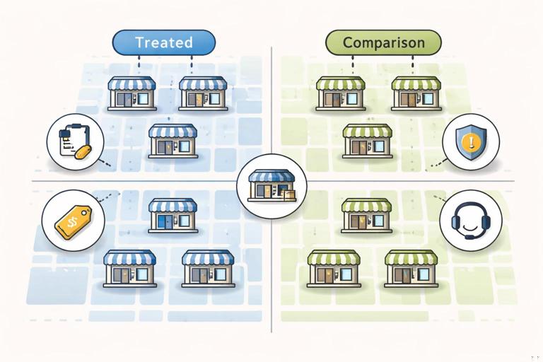 Illustration of a business experiment setup: a simple map or grid of stores/markets where one subset is labeled treated and another subset labeled comparison, with icons for return policy, price tag, warehouse, fraud shield, and support headset; clean flat design, neutral colors, infographic style.