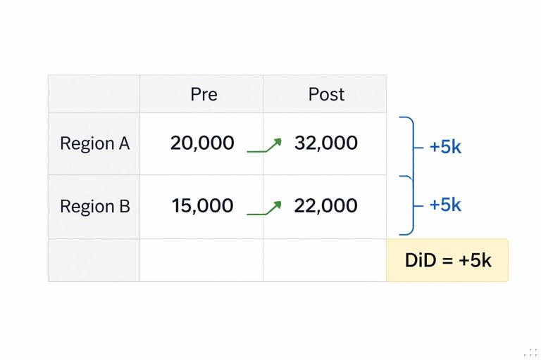 Simple 2x2 difference-in-differences table for Region A vs Region B with Pre and Post values and annotated changes; clean spreadsheet-like infographic, arrows showing +12k and +7k and final DiD = +5k, minimalistic design.