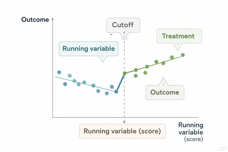 Illustration of a regression discontinuity setup: a horizontal axis labeled Running variable (score) with a vertical cutoff line, dots of observations on both sides, a visible jump in outcome at the cutoff, and small callouts labeling running variable, cutoff, treatment, and outcome; clean business-analytics style, muted colors, high clarity.