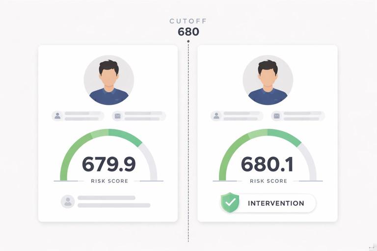 Business illustration of two nearly identical customer profiles side-by-side with risk scores 679.9 and 680.1, a cutoff marker at 680, one receives an intervention badge and the other does not; clean flat design, neutral corporate palette, emphasizes near-identical comparison around a threshold.