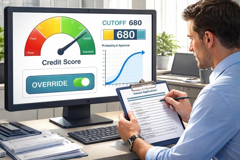 A lending decision scene: credit score gauge with cutoff at 680, an underwriter reviewing an application with an override toggle, and a probability-of-approval curve showing a jump at 680 but not from 0 to 1; realistic fintech illustration, clean and professional.