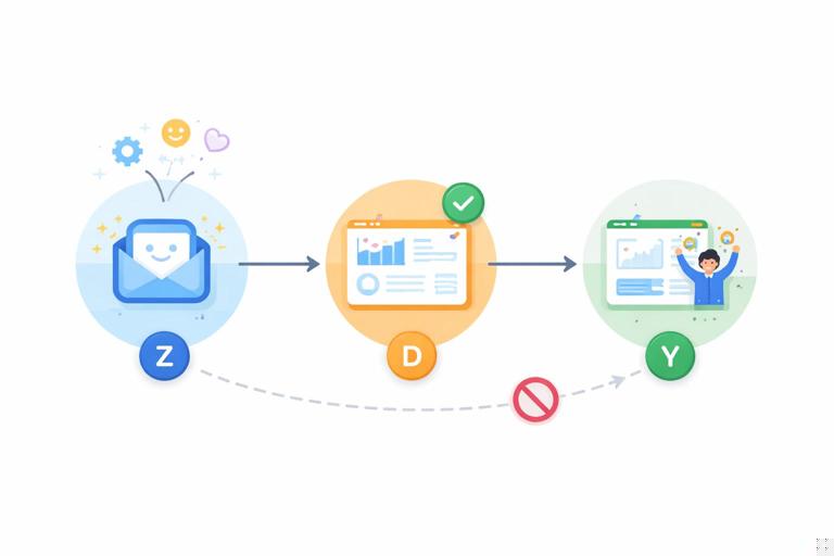 Business product analytics scene: a randomized encouragement email sent to a subset of users increases dashboard adoption; show simple causal diagram Z to D to Y with a blocked direct path from Z to Y; modern flat vector style, clean UI elements, no text.