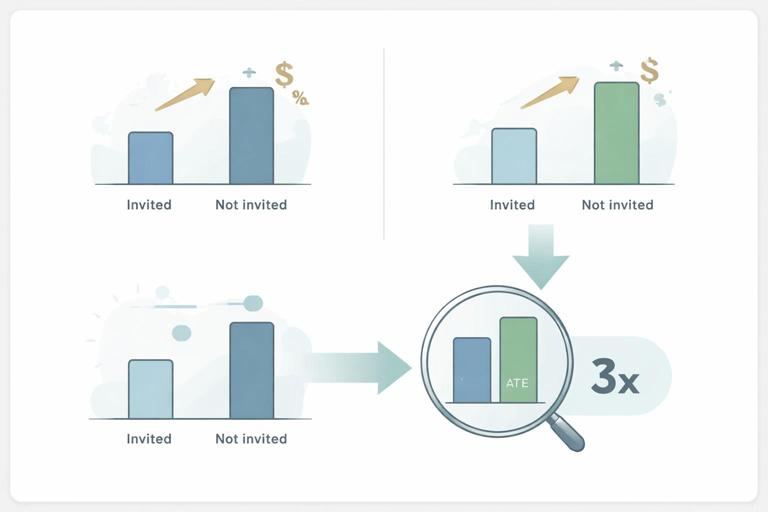 Clean infographic-style business analytics illustration: a small ITT effect and larger LATE effect derived from invitation increasing attendance; show two bars for sales by invited vs not invited, two bars for attendance rate, and a ratio arrow indicating LATE; modern minimal design, muted colors, no text.