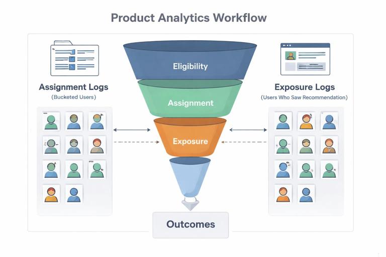 Illustration of a product analytics workflow showing two parallel data streams: assignment logs (bucketed users) versus exposure logs (users who actually saw a recommendation module), with a funnel diagram connecting eligibility, assignment, exposure, and outcomes; clean flat design, readable labels, muted colors, professional tech style.