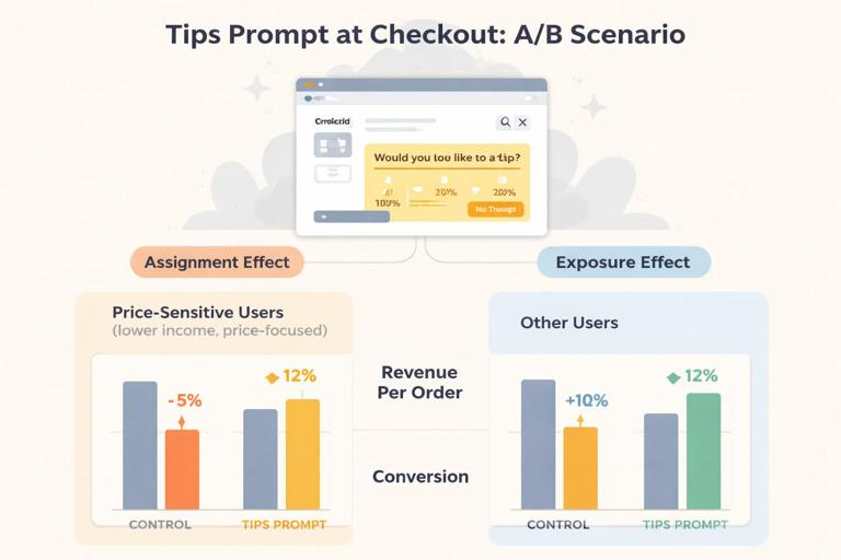Illustration of an e-commerce checkout A/B scenario: a tips prompt appears on checkout; two user segments (price-sensitive vs others) show opposite effects; simple bar charts for revenue per order and conversion; clear labels for assignment effect vs exposure effect; modern flat infographic style, neutral colors.