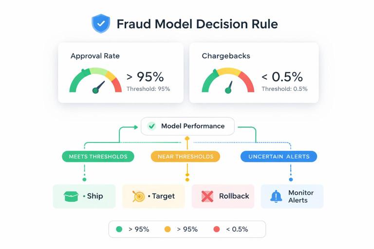 Infographic of a fraud model decision rule: two key metrics (approval rate and chargebacks) with thresholds; a decision flowchart showing ship, target, rollback, and monitoring alerts; clean dashboard UI style, minimal flat design, clear typography.