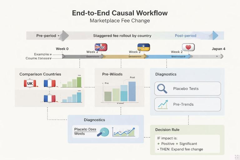 End-to-end causal workflow illustration for a marketplace fee change: timeline with staggered rollout by country, comparison countries, pre/post windows, diagnostics (placebo, pre-trends), and a decision rule box; clean professional infographic, flat design, neutral palette.