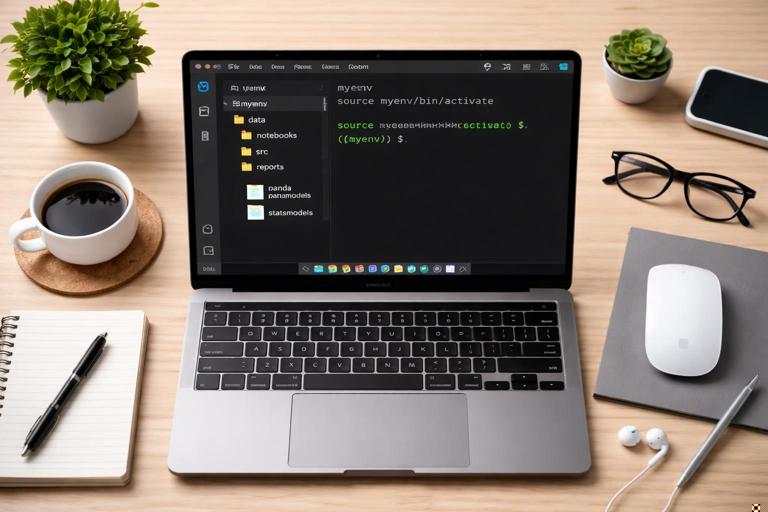 An organized Python data science workspace on a desk: laptop showing a terminal with a virtual environment activated, a project tree with folders data, notebooks, src, reports, and icons for pandas and statsmodels; clean, modern, professional lighting, flat lay composition, high detail, realistic style.