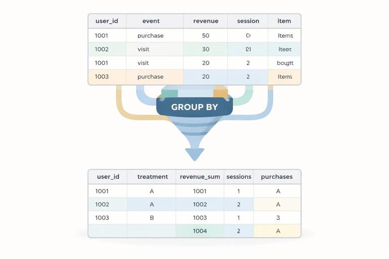 A clear data aggregation concept illustration: a table of event-level rows flowing through a groupby pipeline into a smaller user-level summary table, with columns like user_id, treatment, revenue_sum, sessions, purchases; clean infographic style, muted colors, high readability, modern data visualization aesthetic.