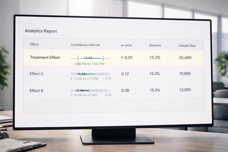 A stakeholder-friendly analytics report table on screen: columns labeled effect, confidence interval, p-value, baseline, sample size; a highlighted treatment effect row with a small bar and CI whiskers; modern dashboard aesthetic, clean typography, neutral colors, professional business context.
