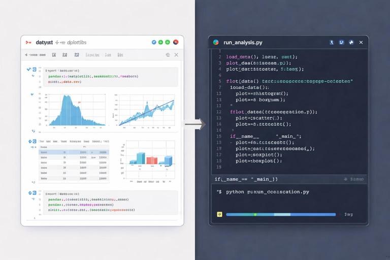 A split-screen illustration: on the left a Jupyter notebook with exploratory plots and code cells, on the right a clean Python script run_analysis.py with functions and a command-line run; emphasizes reproducibility and production workflow; modern flat design, crisp typography, developer aesthetic.