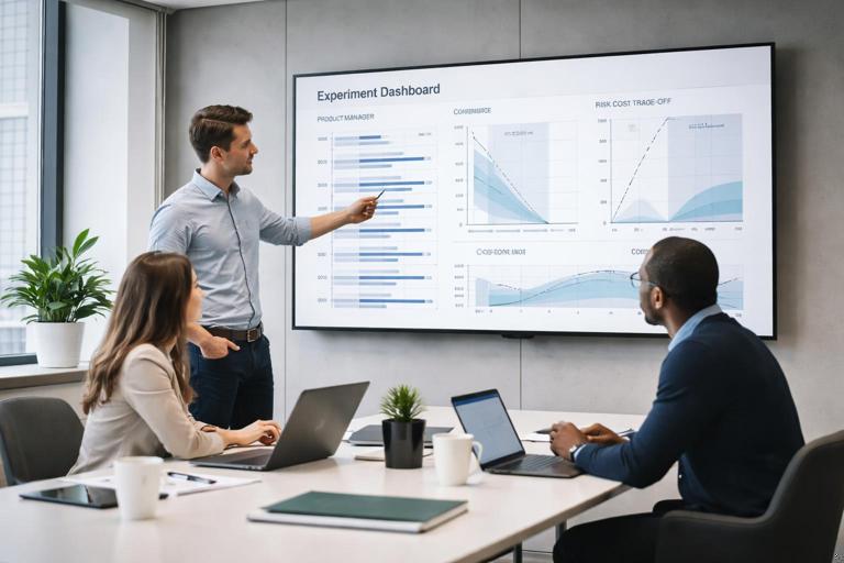 An office meeting scene with a product manager, data scientist, and operations lead reviewing an experiment dashboard on a large screen; the screen shows confidence intervals, risk/cost trade-offs, and decision thresholds; modern minimalist style, realistic lighting, professional business environment, no readable text.