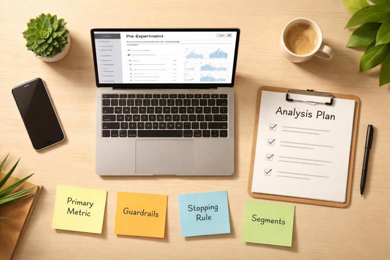 A simple pre-registration workflow illustrated on a desk: a laptop with an experiment repo, a short checklist titled analysis plan, and sticky notes for primary metric, guardrails, stopping rule, and segments; clean modern flat-lay composition, warm office lighting, no readable text.