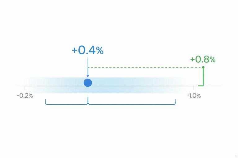 A clean data visualization on a white background showing an estimated lift of +0.4% with a confidence interval from -0.2% to +1.0%, alongside a marked minimum worthwhile threshold at +0.8%; professional infographic style, no readable labels, simple colored lines and brackets.