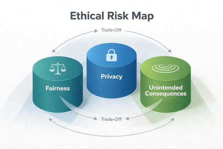 An editorial-style infographic scene titled Ethical Risk Map, showing three connected pillars labeled Fairness, Privacy, and Unintended Consequences, with subtle icons (scales, lock, ripple effect) and arrows indicating trade-offs; clean modern design, neutral background, high readability, professional data-science aesthetic.