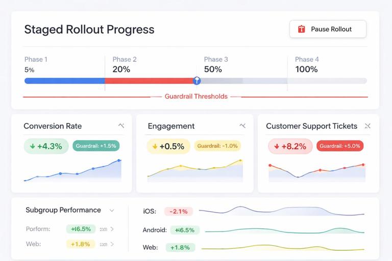 A staged rollout dashboard scene: a product experiment timeline with small-to-large rollout phases, guardrail thresholds highlighted in red lines, subgroup panels showing outcome changes, and a prominent pause or rollback switch; modern UI, clean typography, professional analytics style.