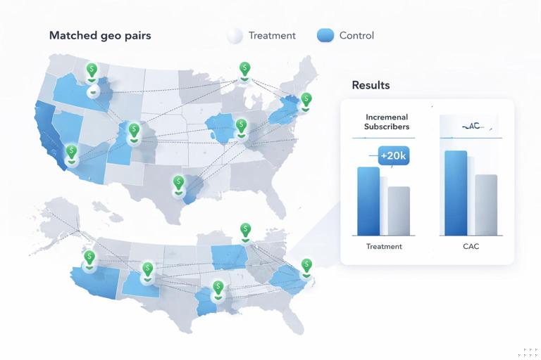 Map-style diagram of regions split into matched geo pairs with treatment vs control shading, arrows showing increased ad spend in treatment areas, and a simple chart comparing incremental subscribers and CAC; clean data visualization look, professional, minimal labels, no brand logos.