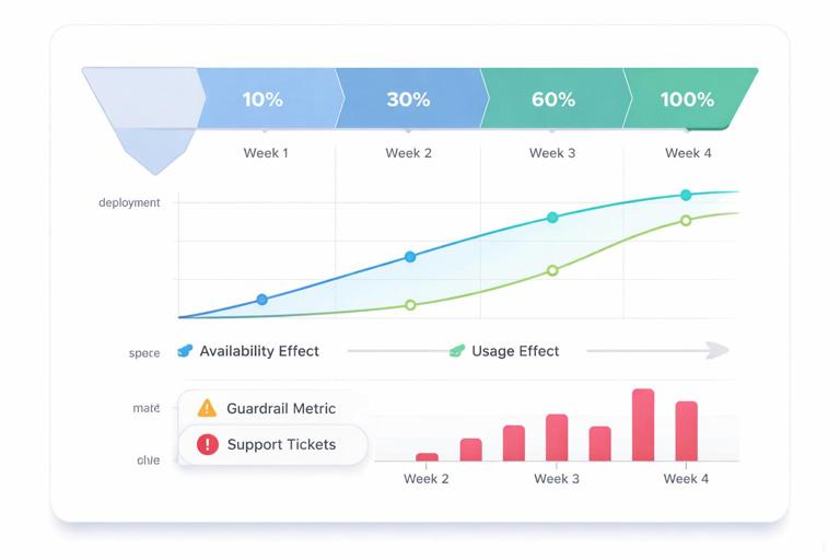 Product rollout illustration: a staged deployment funnel showing 10%, 30%, 60%, 100% rollout over weeks, with two tracked lines labeled availability effect and usage effect, plus guardrail metric (support tickets) as a warning indicator; clean SaaS dashboard style, minimal text, modern flat UI.