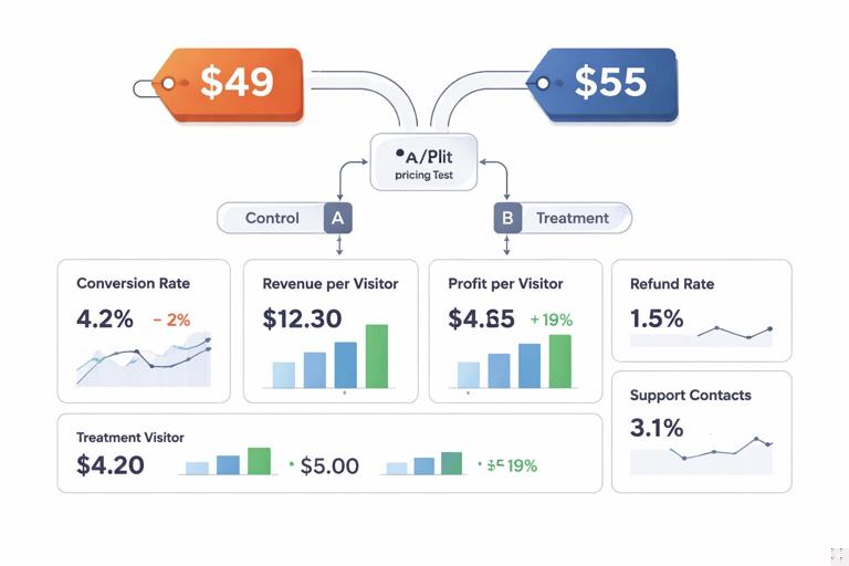 E-commerce pricing experiment visual: two price tags $49 (control) and $55 (treatment) feeding into a split-test diagram, with small charts for conversion, RPV, profit per visitor, and guardrail indicators for refunds and support contacts; clean analytic dashboard aesthetic, neutral colors, no brand marks.