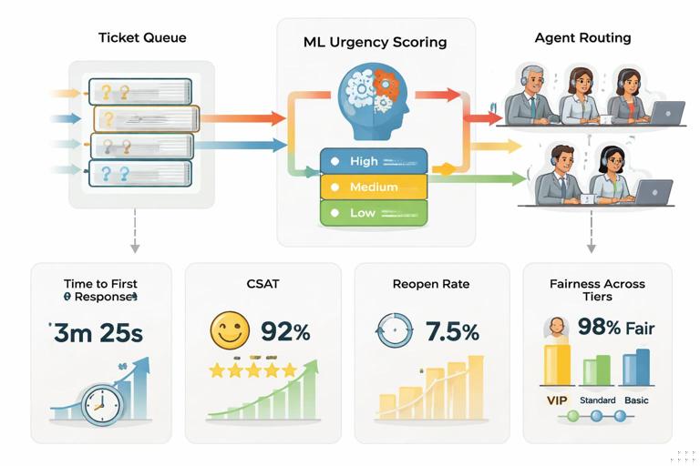 Customer support operations diagram: ticket queue flowing into an ML urgency scoring box, then routing to agents; include metrics panels for time-to-first-response, CSAT, reopen rate, and fairness across customer tiers; professional workflow infographic style, clean lines, muted colors.