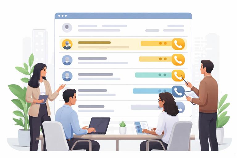 Illustration of a business analytics scene: a sales team looking at a dashboard that ranks accounts by propensity score, with a subset highlighted for VIP outreach calls; show higher-ranked accounts getting phone icons, clean modern flat style, neutral colors, no text.