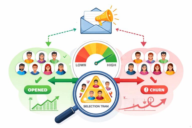 Diagram-like illustration of email campaign analysis: two groups of users, those who opened an email and those who did not, with an engagement meter influencing both opening and churn; emphasize the selection trap visually, clean vector style, no text labels.