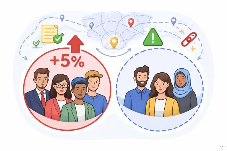 Business pricing experiment illustration: a subset of customers tagged with a price-up arrow and 5% indicator symbol (no text), alongside another group unchanged; include subtle confounders like region map and contract status icons influencing both pricing decision and churn; clean modern vector style.