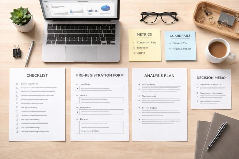 An organized tabletop scene of product experimentation artifacts: a one-page checklist, pre-registration form, analysis plan, and decision memo laid out neatly beside a laptop with a simple dashboard, sticky notes labeled metrics and guardrails, minimal modern office style, flat-lay composition, soft natural light, high clarity, no visible brand logos.