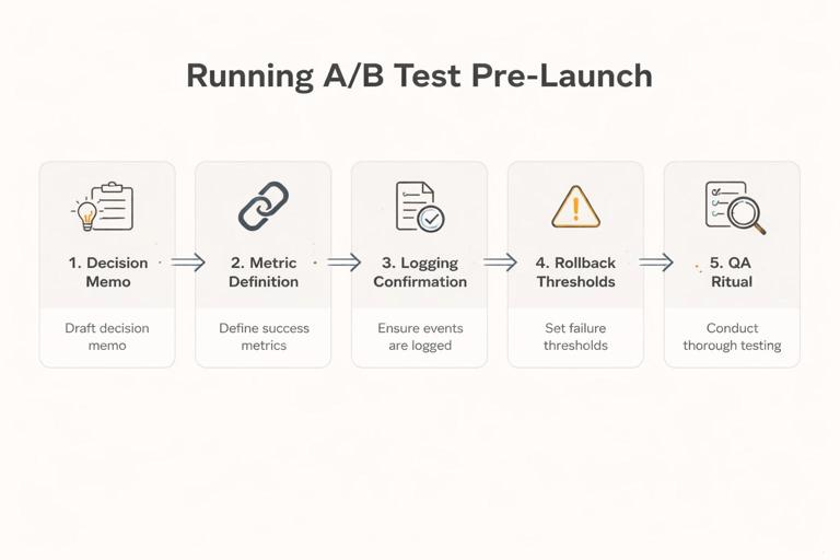 A clean infographic-style illustration of a step-by-step workflow for running an A/B test pre-launch: decision memo header, metric definition link, logging confirmation, rollback thresholds, and QA ritual, shown as five numbered cards connected by arrows, modern minimal design, neutral colors, high readability, no brand logos.