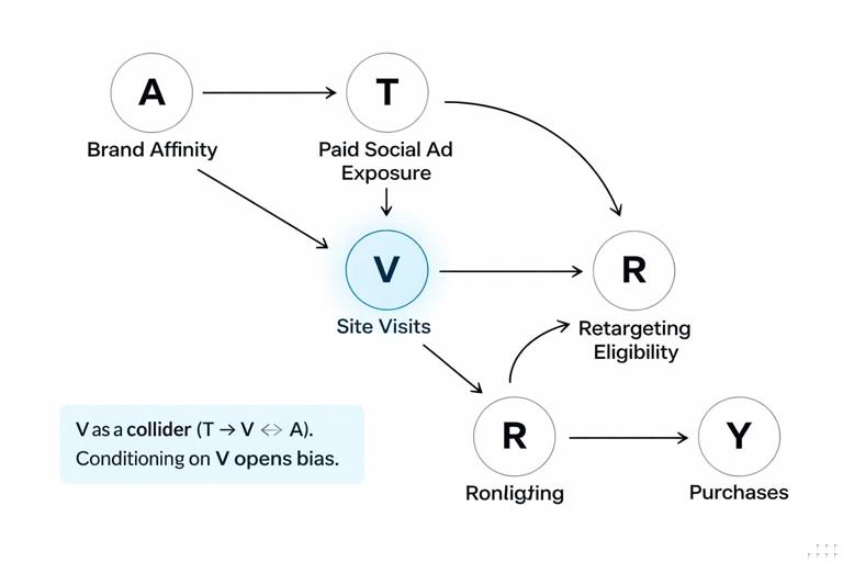 Illustrate a marketing attribution DAG on a clean white background: nodes A (brand affinity), T (paid social ad exposure), V (site visits), R (retargeting eligibility), Y (purchases). Draw arrows: A→T, A→Y, T→V, A→V, V→R, R→T, R→Y. Highlight V as a collider on T→V←A and note that conditioning on V opens bias. Professional business analytics diagram style, minimal text labels.